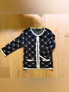Pendleton Silk Cotton Cardigan Sweater Black White Geometric Button Front